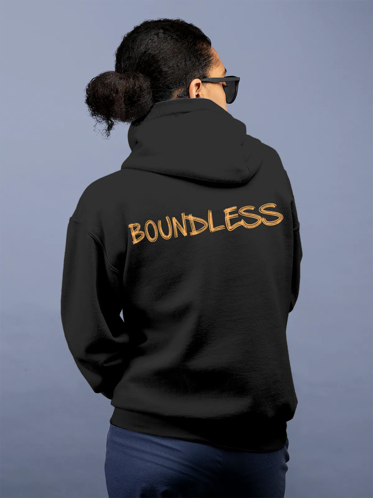 Model wearing Women's Dark Grey Hoodie Sweatshirt with 'Boundless' design, offering effortless style and premium comfort