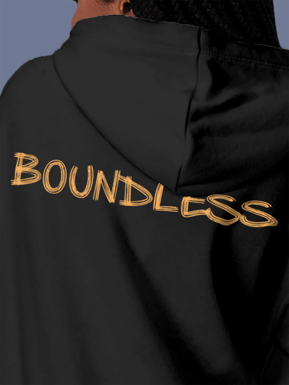 Close up of 'Boundless' design on Women's Dark Grey Hoodie Sweatshirt, highlighting intricate details and vibrant print.