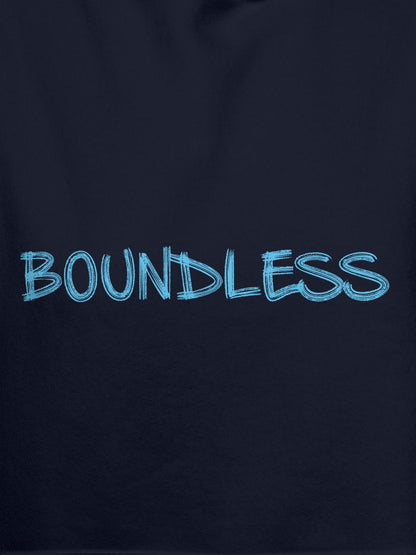 Close up of 'Boundless' design on Men's Navy Blue Hoodie Sweatshirt, highlighting intricate details and vibrant print.