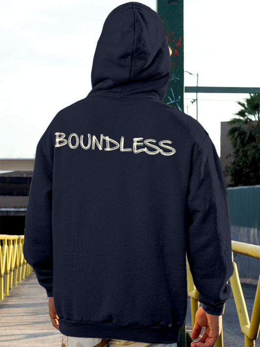 Fighterhero Hoodies: Model wearing Men's Navy Blue Hoodie Sweatshirt with 'Boundless' design