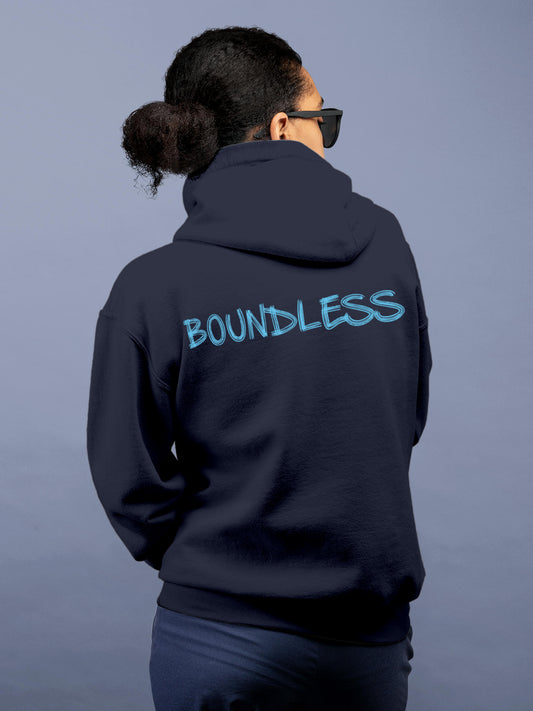 Model wearing Women's Navy Blue Hoodie Sweatshirt with 'Boundless' design, offering effortless style and premium comfort