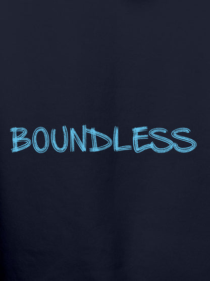 Close up of 'Boundless' design on Women's Navy Blue Hoodie Sweatshirt, highlighting intricate details and vibrant print.