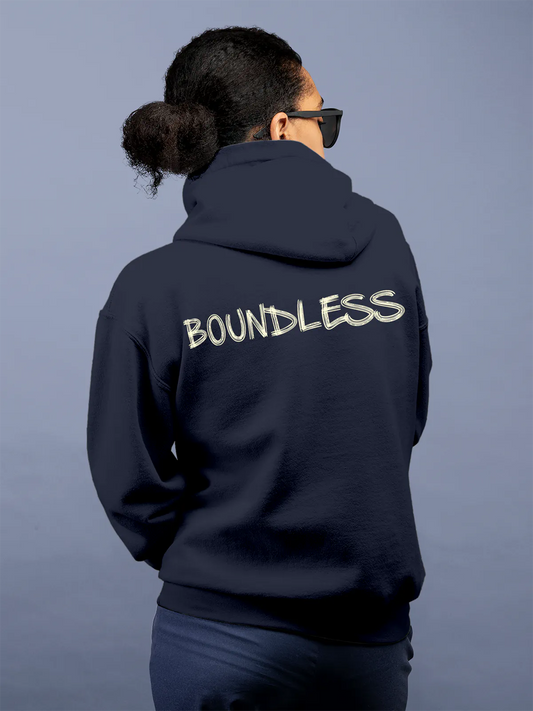 Fighterhero Hoodies: Model wearing Women's Navy Blue Hoodie Sweatshirt with 'Boundless' design