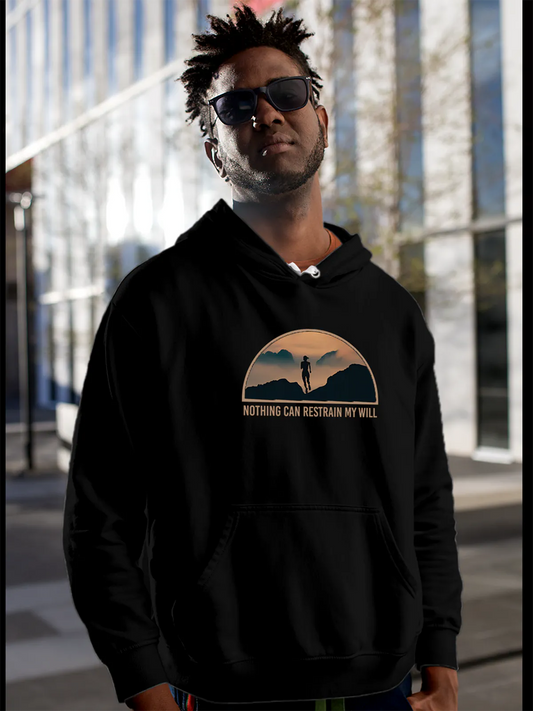 Fighterhero Hoodies: Model wearing Men's Black Hoodie Sweatshirt with 'Limitless Will' design