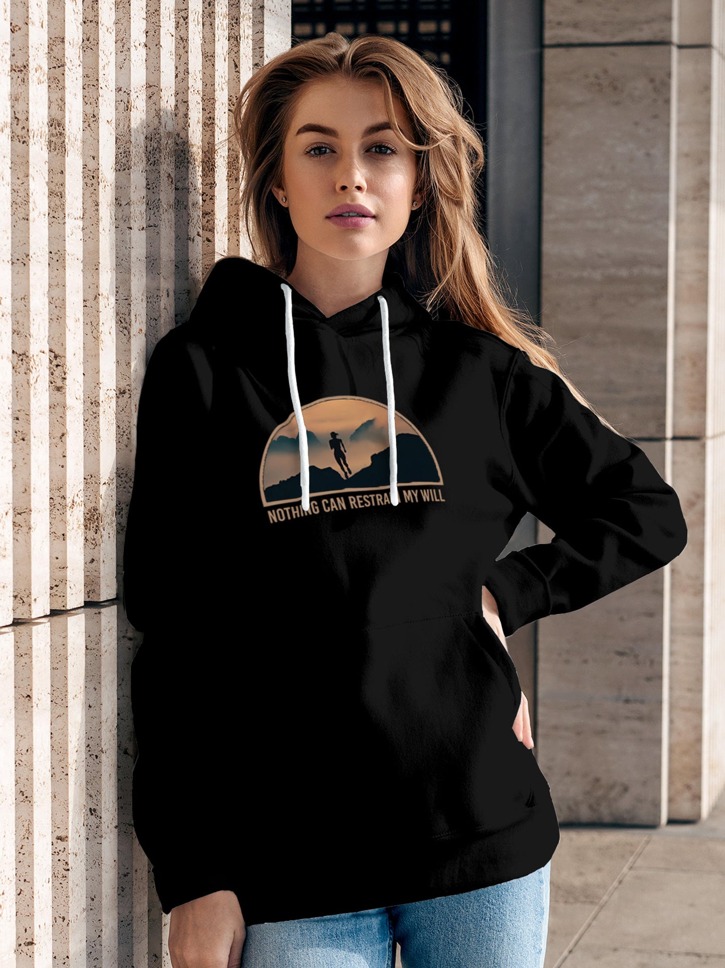 Model wearing Women's Black Hoodie Sweatshirt with 'Limitless Will' design, offering effortless style and premium comfort
