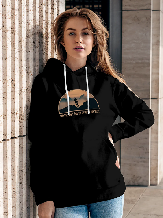 Fighterhero Hoodies: Model wearing Women's Black Hoodie Sweatshirt with 'Limitless Will' design