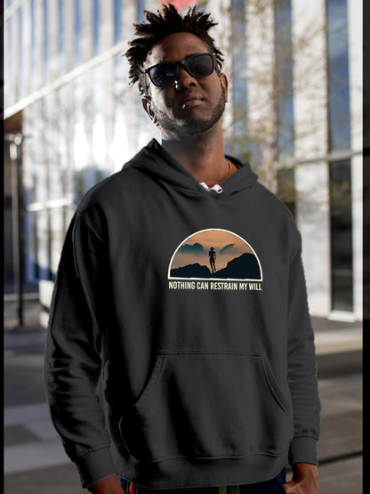 Model wearing Men's Dark Grey Hoodie Sweatshirt with 'Limitless Will' design, offering effortless style and premium comfort