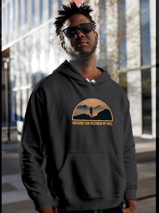 Fighterhero Hoodies: Model wearing Men's Dark Grey Hoodie Sweatshirt with 'Limitless Will' design