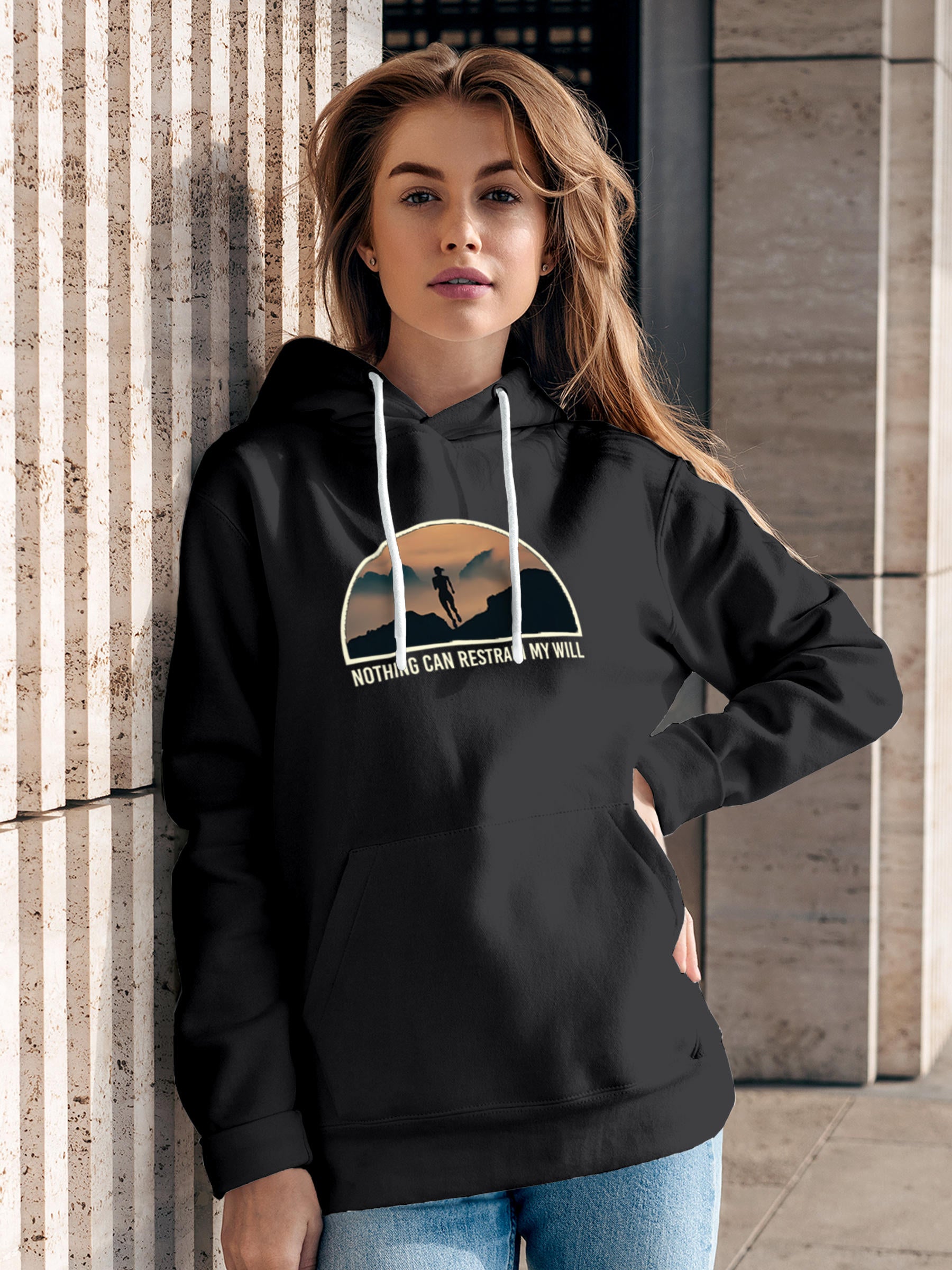 Model wearing Women's Dark Grey Hoodie Sweatshirt with 'Limitless Will' design, offering effortless style and premium comfort