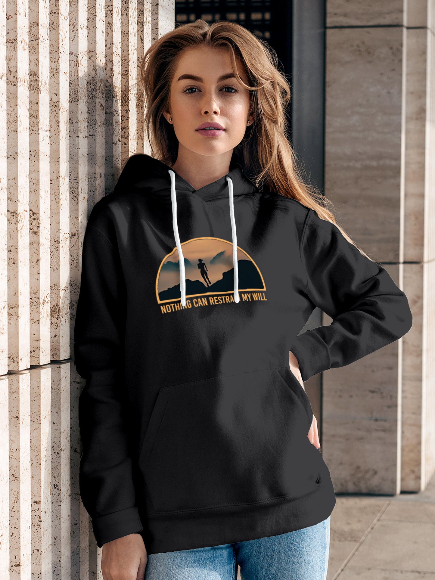 Model wearing Women's Dark Grey Hoodie Sweatshirt with 'Limitless Will' design, offering effortless style and premium comfort