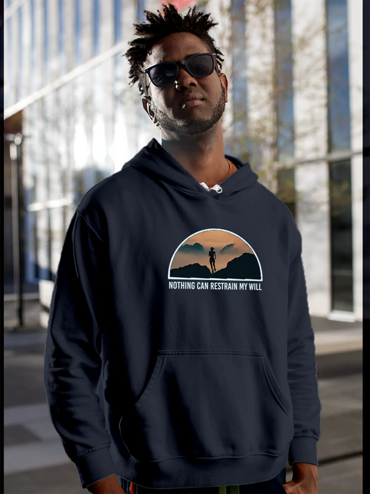 Fighterhero Hoodies: Model wearing Men's Navy Blue Hoodie Sweatshirt with 'Limitless Will' design