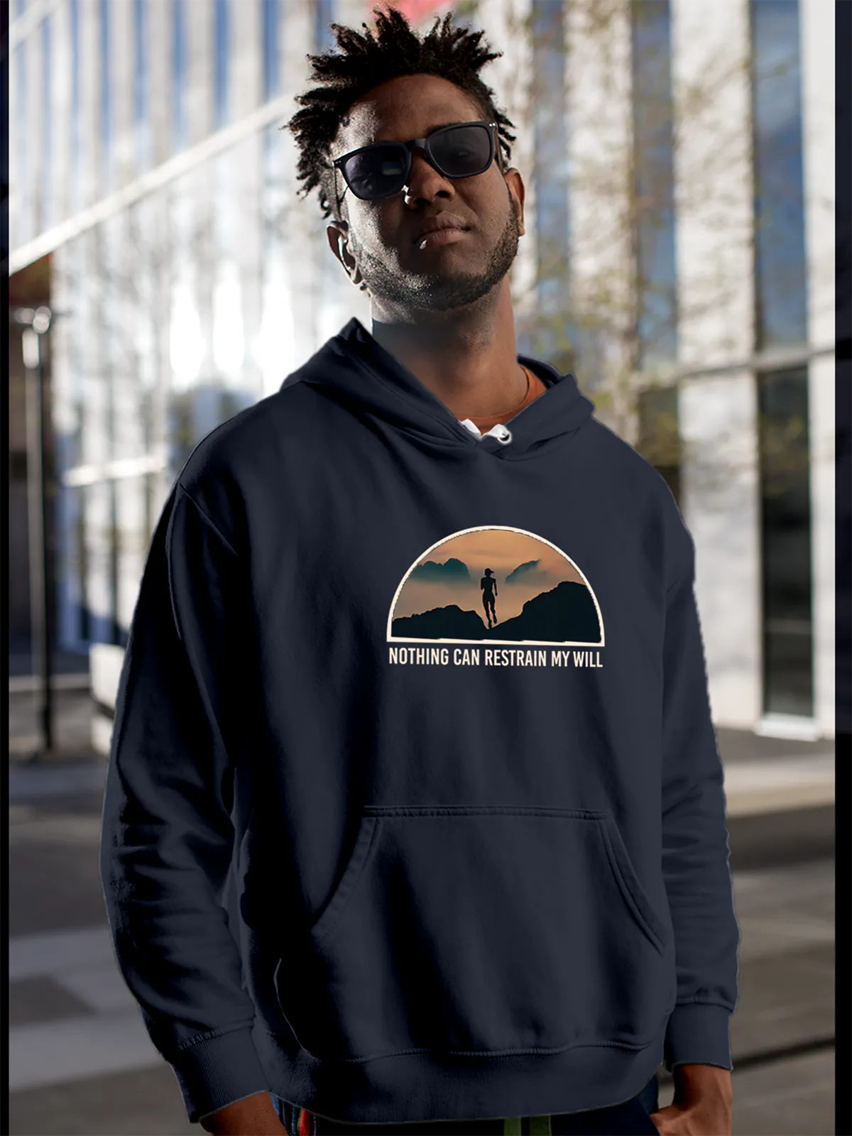 Model wearing Men's Navy Blue Hoodie Sweatshirt with 'Limitless Will' design, offering effortless style and premium comfort