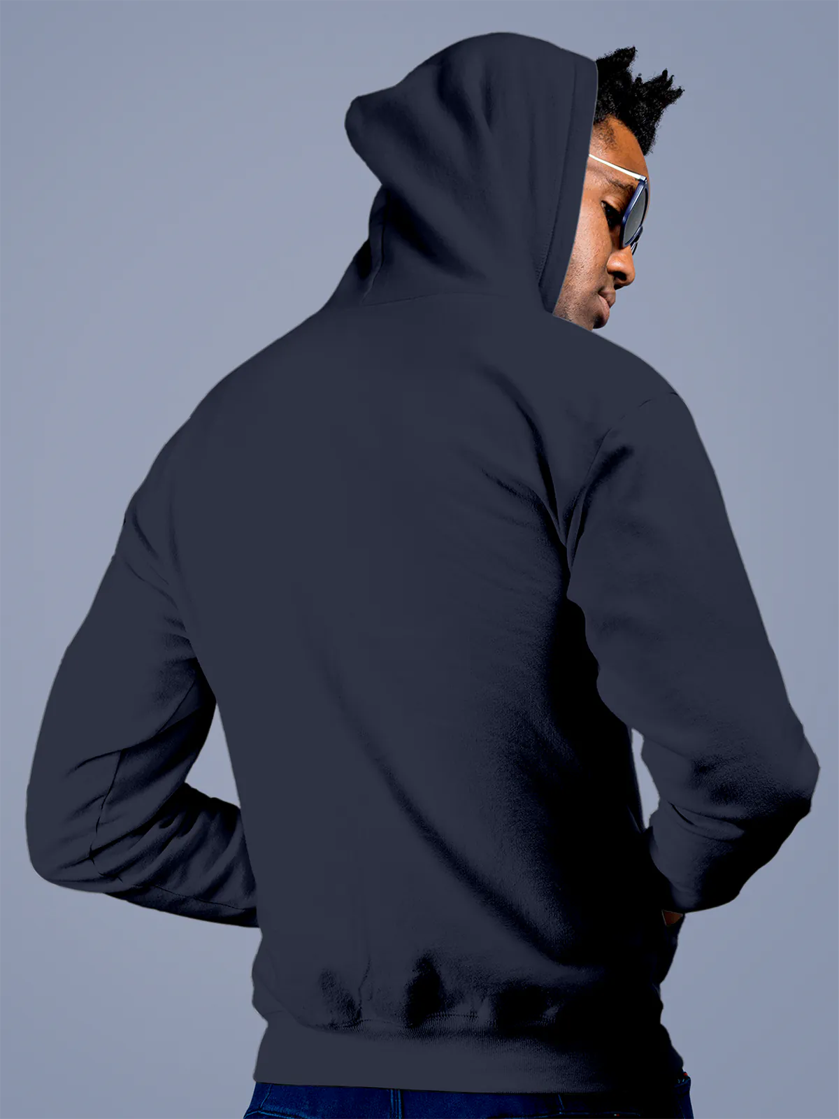 Back view of Fighterhero Men's Navy Blue Hoodie Sweatshirt, highlighting the modern look and clean finish