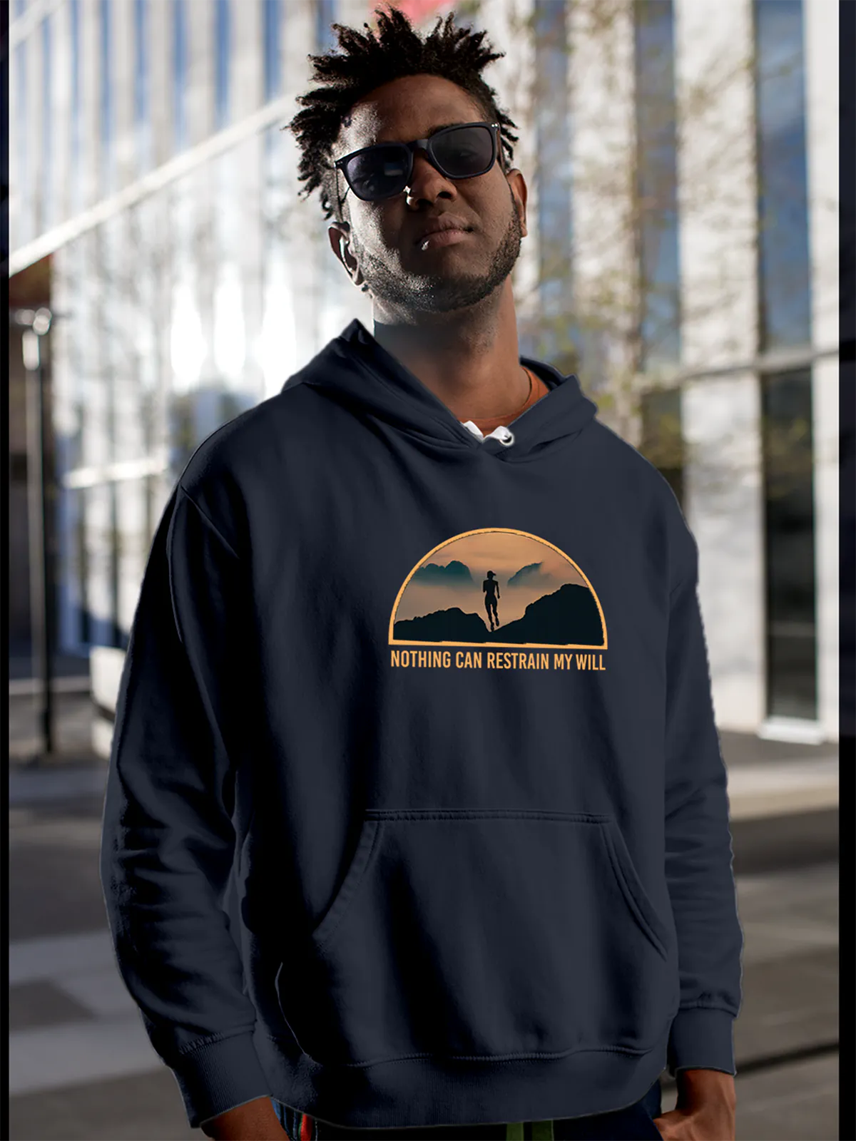 Model wearing Men's Navy Blue Hoodie Sweatshirt with 'Limitless Will' design, offering effortless style and premium comfort