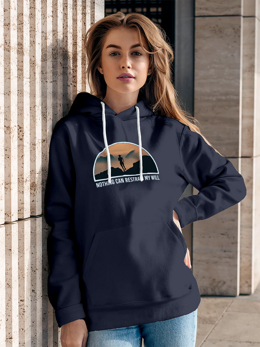 Fighterhero Hoodies: Model wearing Women's Navy Blue Hoodie Sweatshirt with 'Limitless Will' design