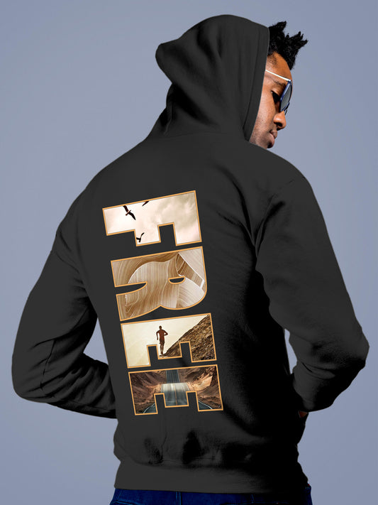 Model wearing Men's Dark Grey Hoodie Sweatshirt with 'Free & Boundless' design, offering effortless style and premium comfort
