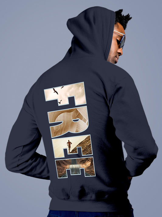 Model wearing Men's Navy Blue Hoodie Sweatshirt with 'Free & Boundless' design, offering effortless style and premium comfort