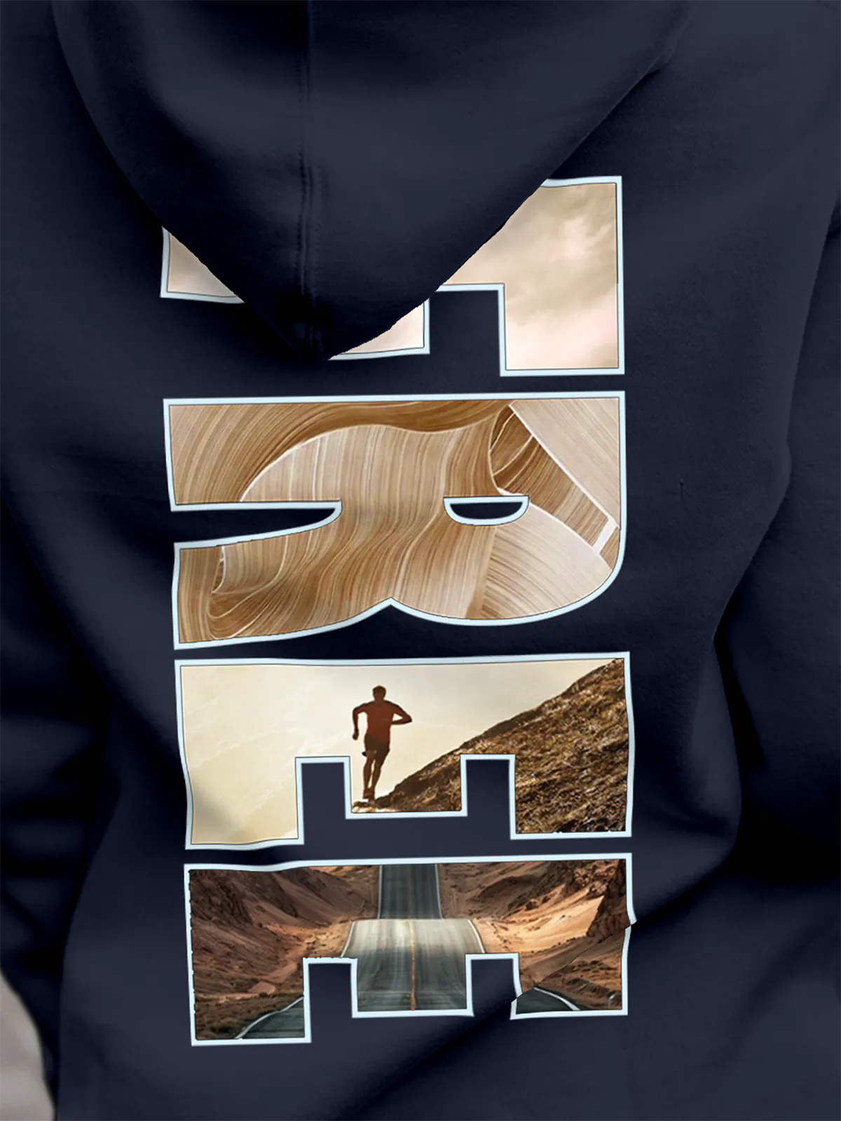 Close up of 'Free & Boundless' design on Women's Navy Blue Hoodie Sweatshirt, highlighting intricate details and vibrant print.