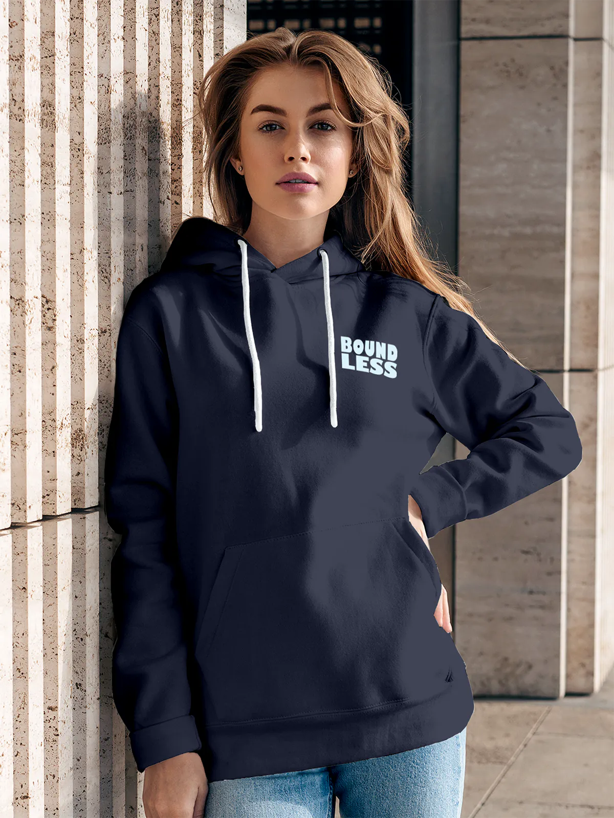 Front view of Fighterhero Women's Navy Blue Hoodie Sweatshirt, highlighting the modern look and clean finish