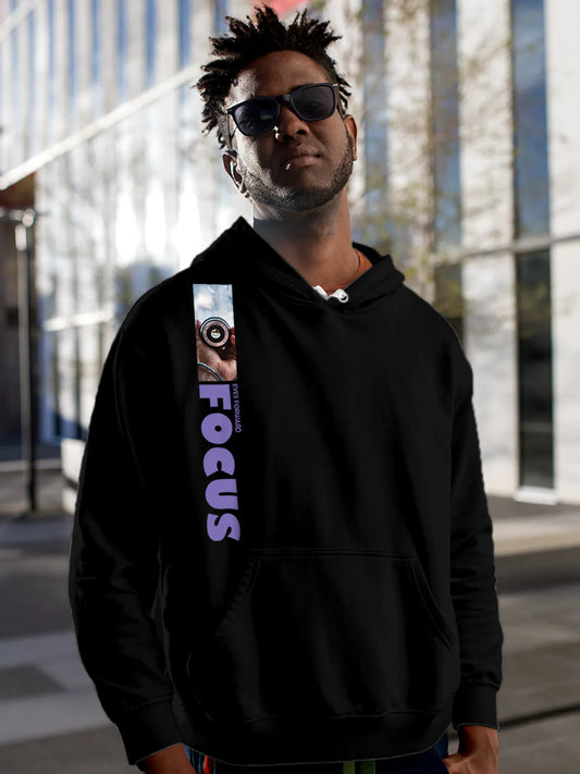 Fighterhero Hoodies: Model wearing Men's Black Hoodie Sweatshirt with 'Focus' design