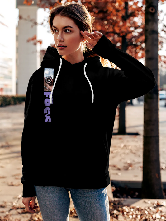Fighterhero Hoodies: Model wearing Women's Black Hoodie Sweatshirt with 'Focus' design