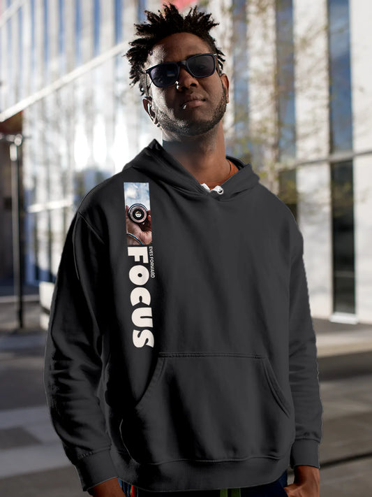 Fighterhero Hoodies: Model wearing Men's Dark Grey Hoodie Sweatshirt with 'Focus' design