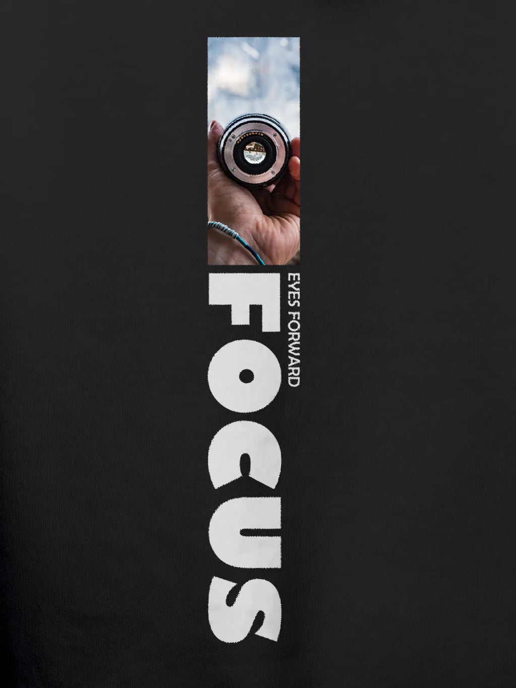 Close up of 'Focus' design on Men's Dark Grey Hoodie Sweatshirt, highlighting intricate details and vibrant print.