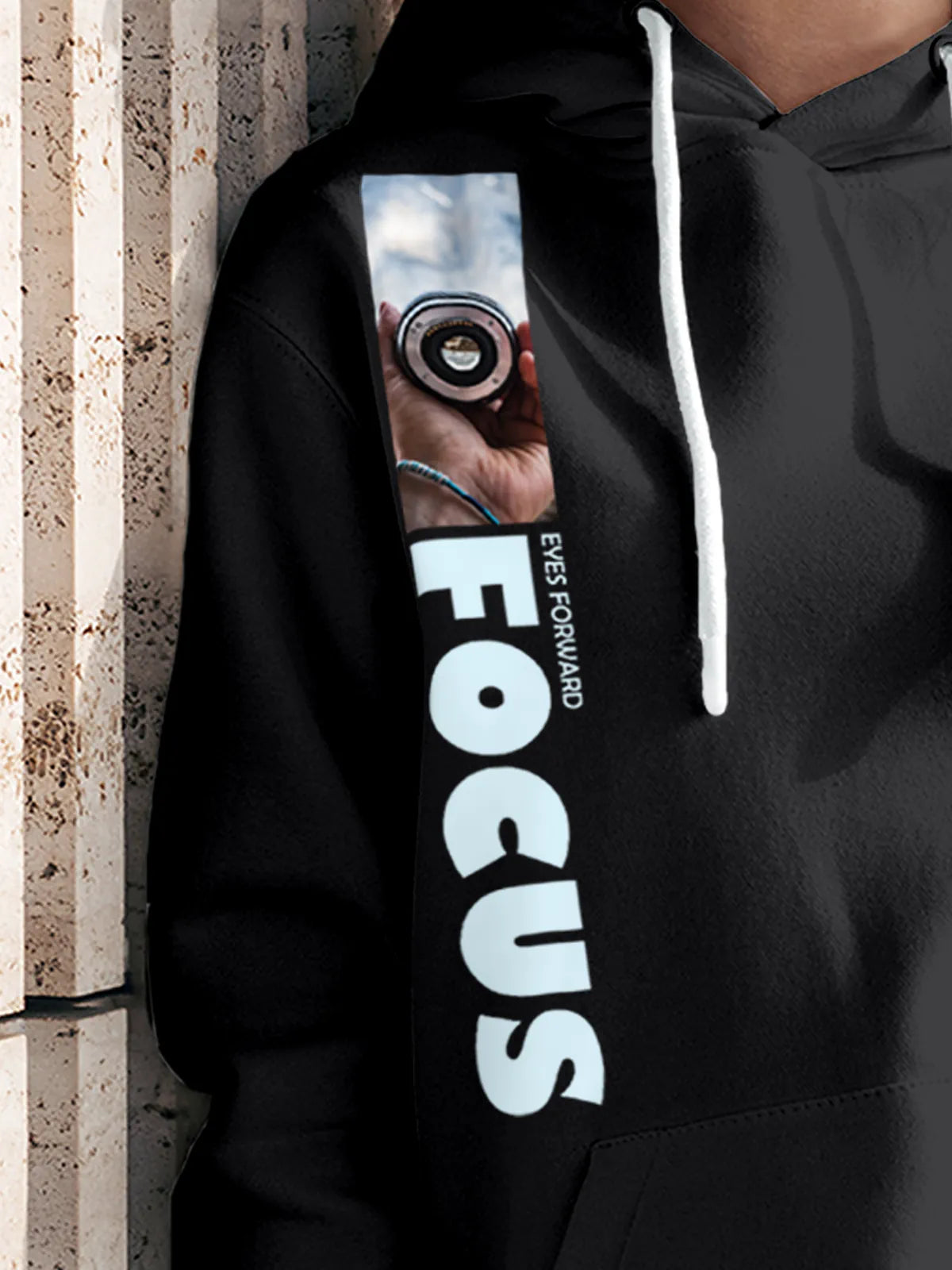 Close up of 'Focus' design on Women's Dark Grey Hoodie Sweatshirt, highlighting intricate details and vibrant print.