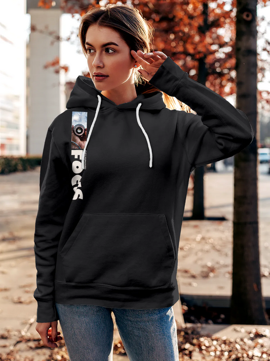 Fighterhero Hoodies: Model wearing Women's Dark Grey Hoodie Sweatshirt with 'Focus' design