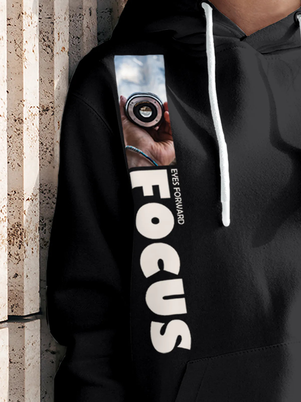 Close up of 'Focus' design on Women's Dark Grey Hoodie Sweatshirt, highlighting intricate details and vibrant print.