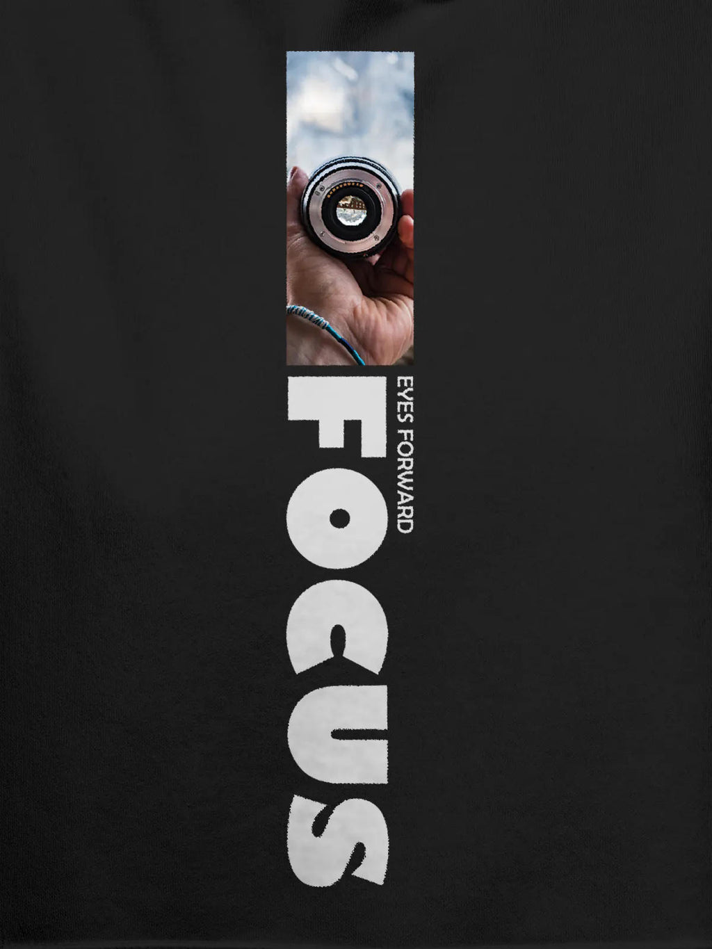 Close up of 'Focus' design on Women's Dark Grey Hoodie Sweatshirt, highlighting intricate details and vibrant print.
