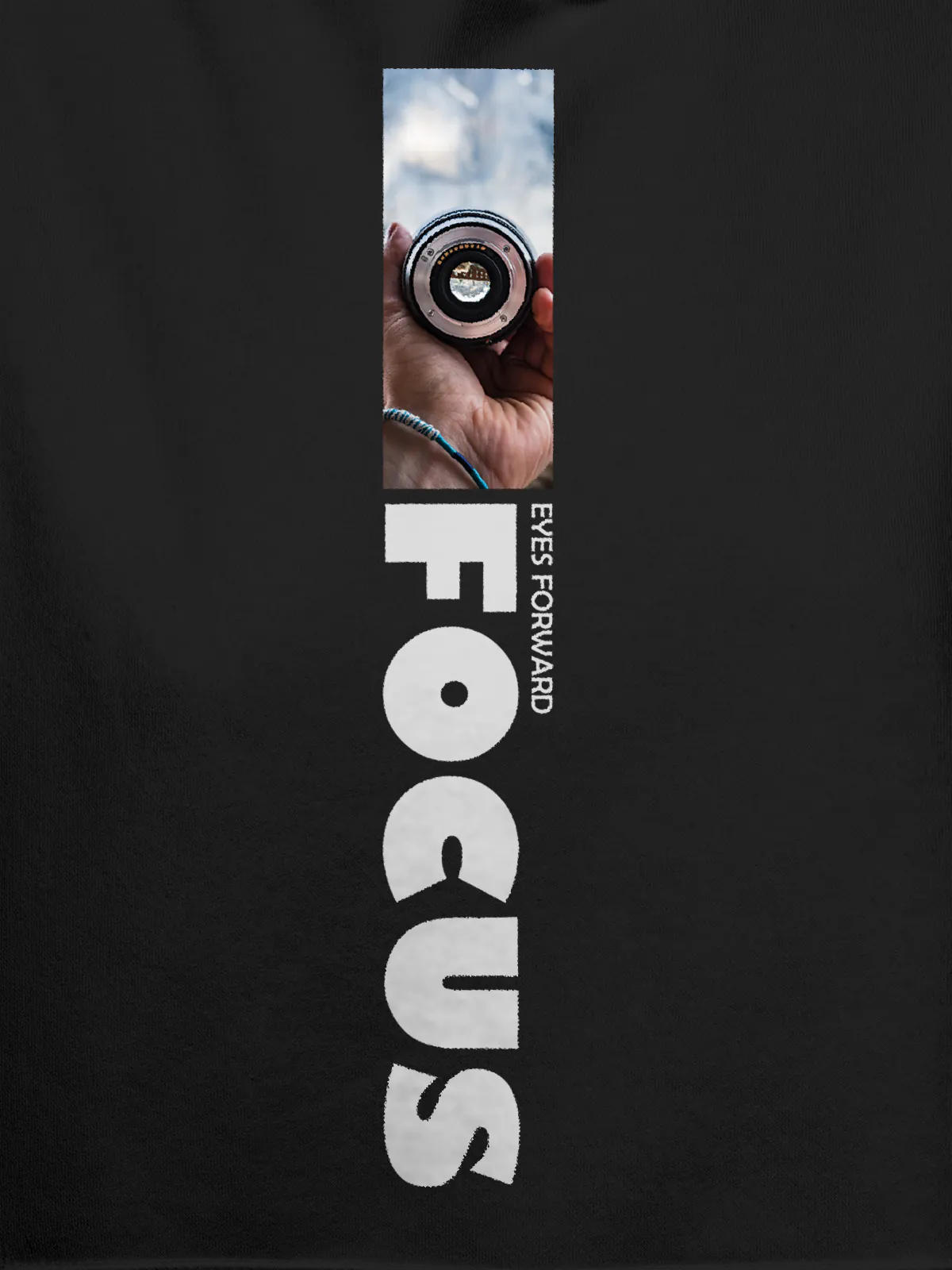 Close up of 'Focus' design on Women's Dark Grey Hoodie Sweatshirt, highlighting intricate details and vibrant print.
