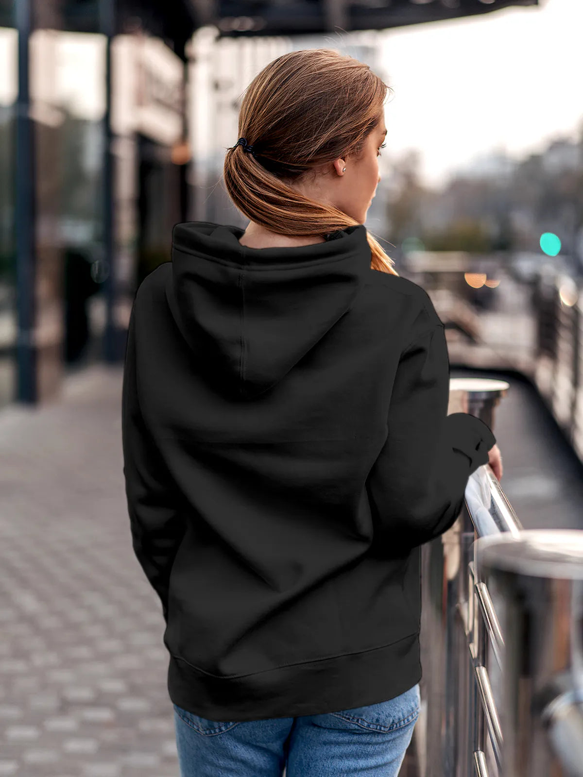 Back view of Fighterhero Women's Dark Grey Hoodie Sweatshirt, highlighting the modern look and clean finish