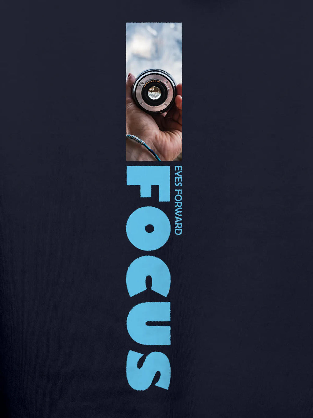 Close up of 'Focus' design on Men's Navy Blue Hoodie Sweatshirt, highlighting intricate details and vibrant print.