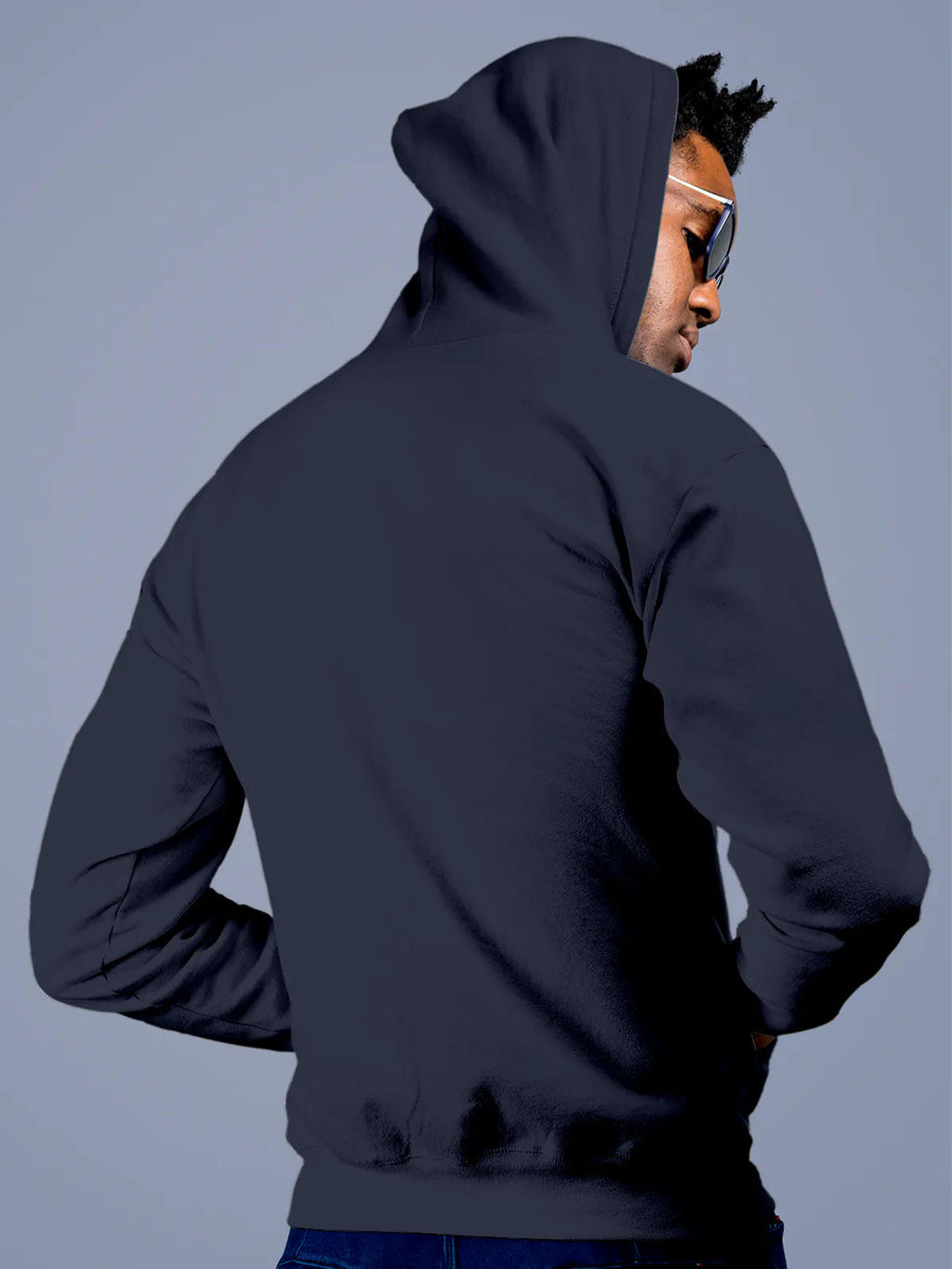 Back view of Fighterhero Men's Navy Blue Hoodie Sweatshirt, highlighting the modern look and clean finish
