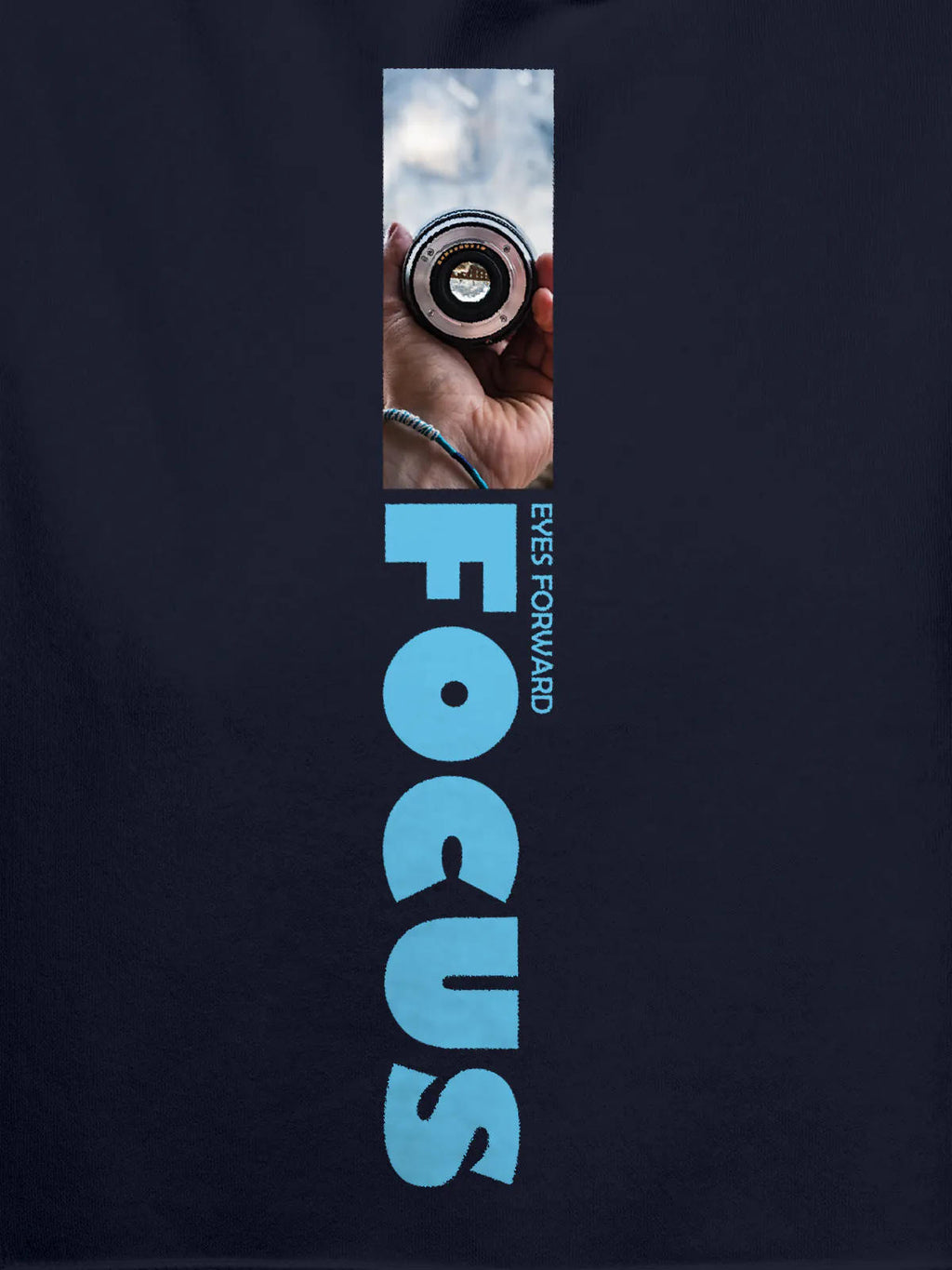 Close up of 'Focus' design on Women's Navy Blue Hoodie Sweatshirt, highlighting intricate details and vibrant print.