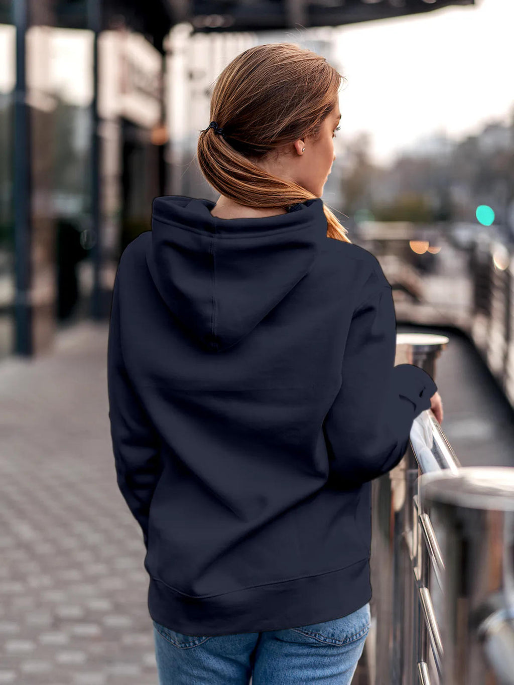 Back view of Fighterhero Women's Navy Blue Hoodie Sweatshirt, highlighting the modern look and clean finish