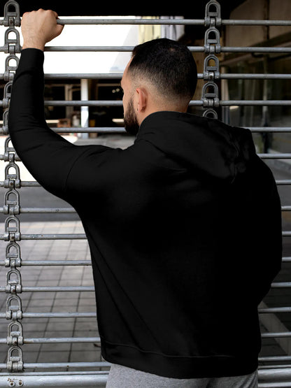 Back view of Fighterhero Men's Black Hoodie Sweatshirt, highlighting the modern look and clean finish