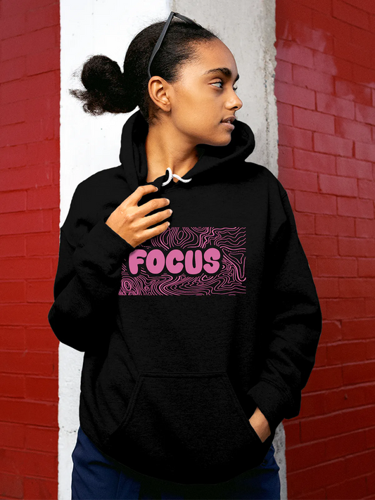 Fighterhero Hoodies: Model wearing Women's Black Hoodie Sweatshirt with 'Focus In Chaos' design
