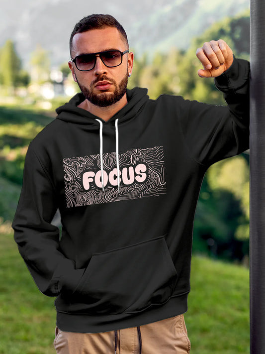 Fighterhero Hoodies: Model wearing Men's Dark Grey Hoodie Sweatshirt with 'Focus In Chaos' design