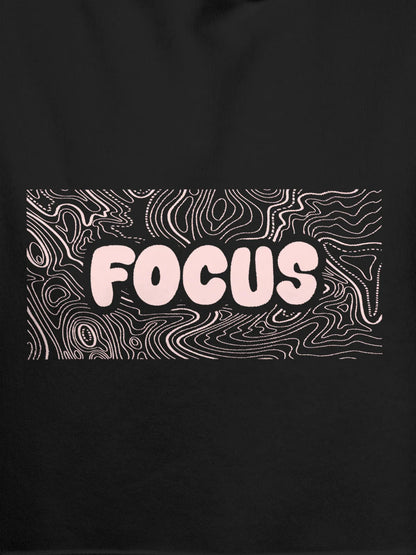 Close up of 'Focus In Chaos' design on Men's Dark Grey Hoodie Sweatshirt, highlighting intricate details and vibrant print.