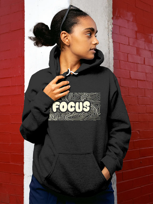 Fighterhero Hoodies: Model wearing Women's Dark Grey Hoodie Sweatshirt with 'Focus In Chaos' design
