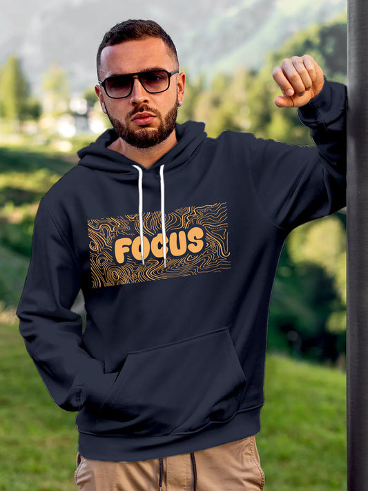 Fighterhero Hoodies: Model wearing Men's Navy Blue Hoodie Sweatshirt with 'Focus In Chaos' design