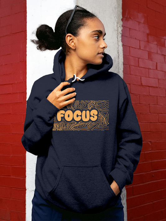 Fighterhero Hoodies: Model wearing Women's Navy Blue Hoodie Sweatshirt with 'Focus In Chaos' design