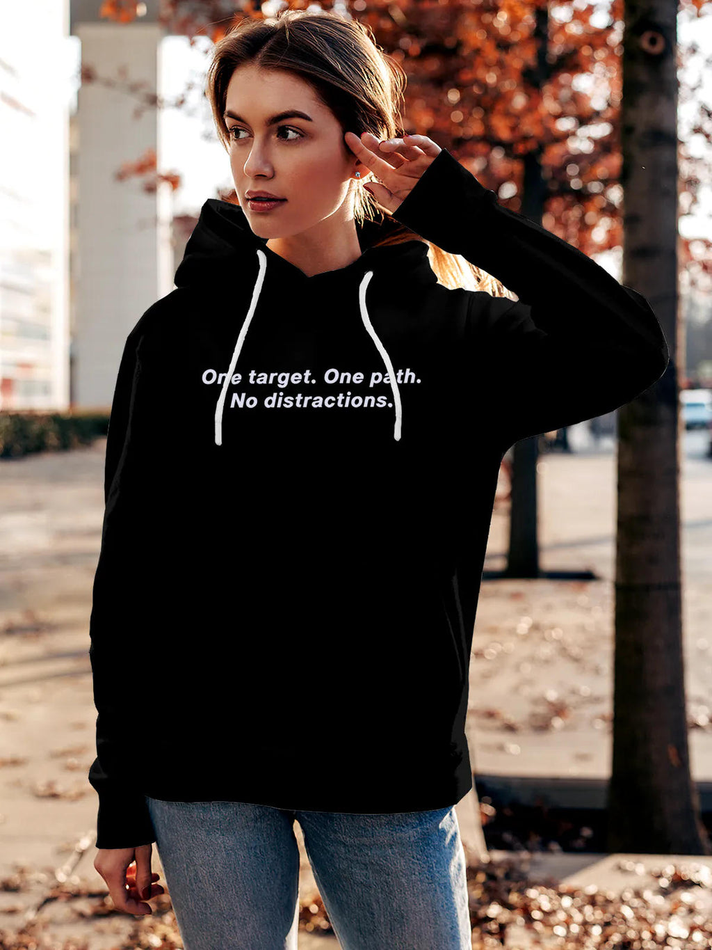 Front view of Fighterhero Women's Black Hoodie Sweatshirt, highlighting the modern look and clean finish