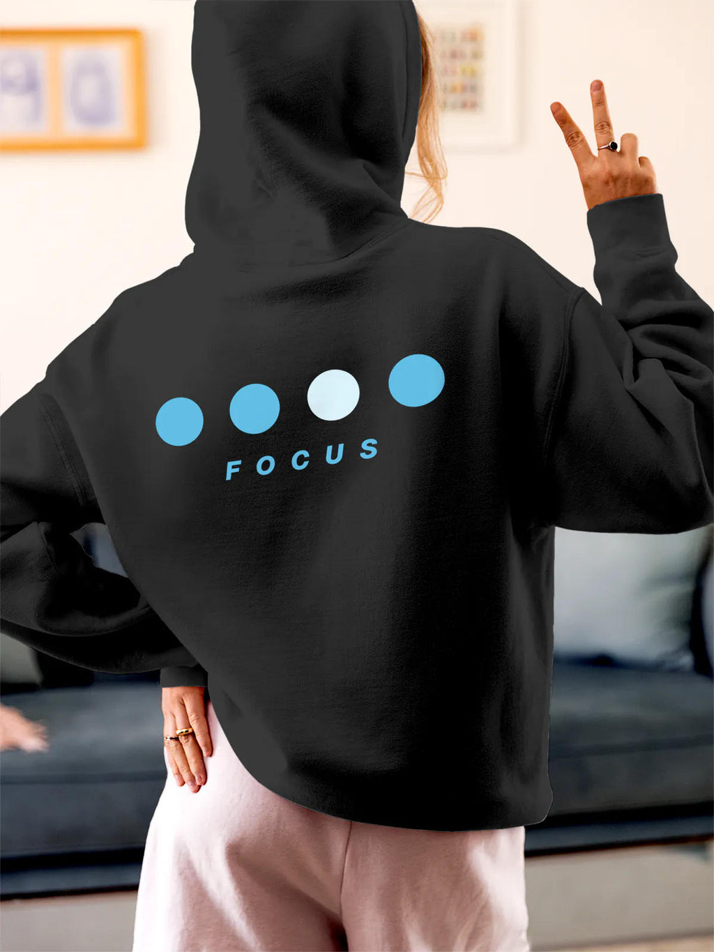 Model wearing Women's Dark Grey Hoodie Sweatshirt with 'Focus On Goal' design, offering effortless style and premium comfort