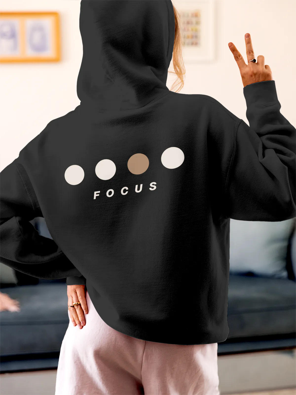Model wearing Women's Dark Grey Hoodie Sweatshirt with 'Focus On Goal' design, offering effortless style and premium comfort
