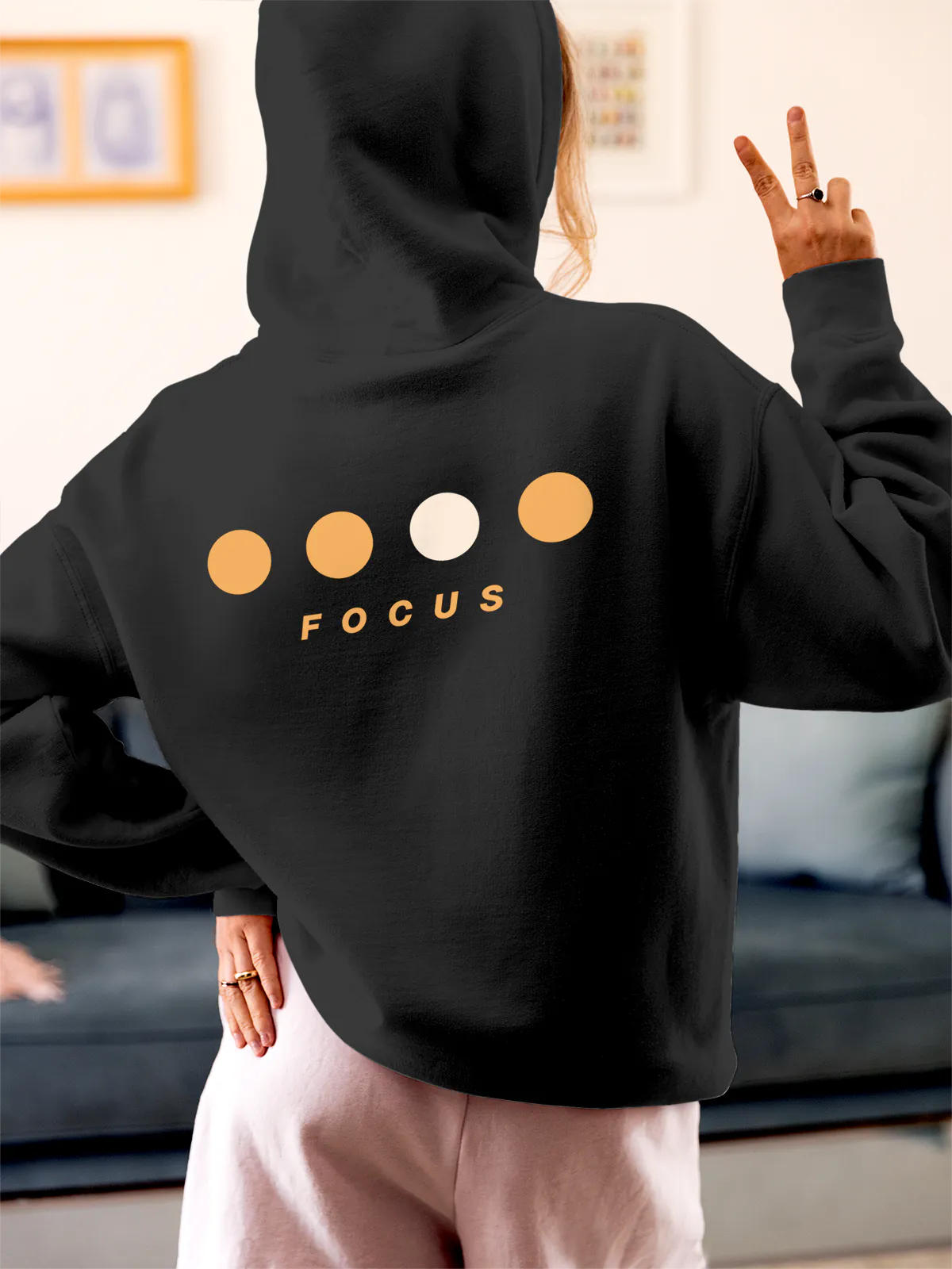 Model wearing Women's Dark Grey Hoodie Sweatshirt with 'Focus On Goal' design, offering effortless style and premium comfort