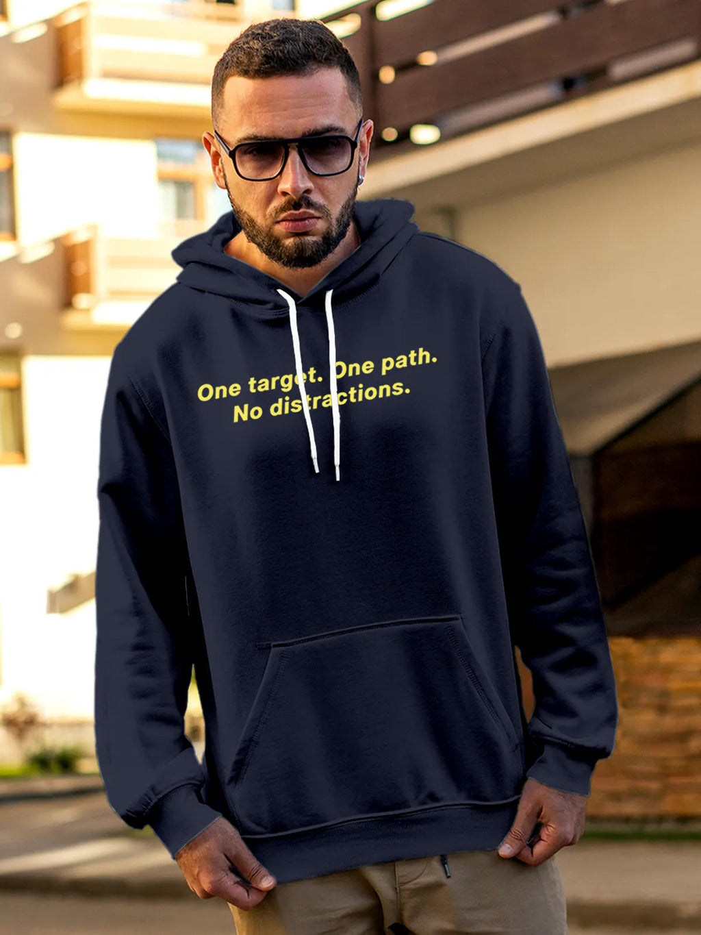 Front view of Fighterhero Men's Navy Blue Hoodie Sweatshirt, highlighting the modern look and clean finish