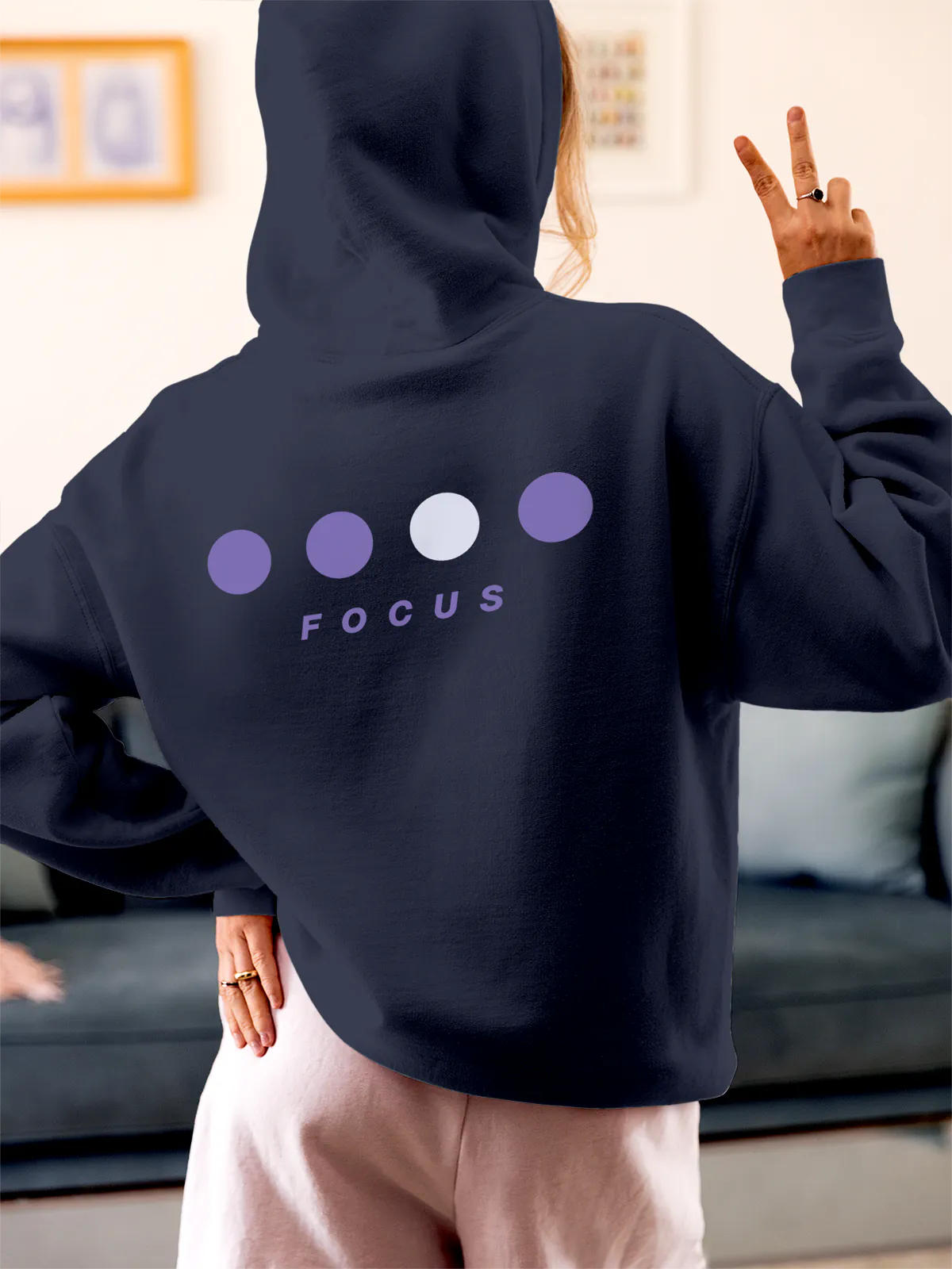 Model wearing Women's Navy Blue Hoodie Sweatshirt with 'Focus On Goal' design, offering effortless style and premium comfort